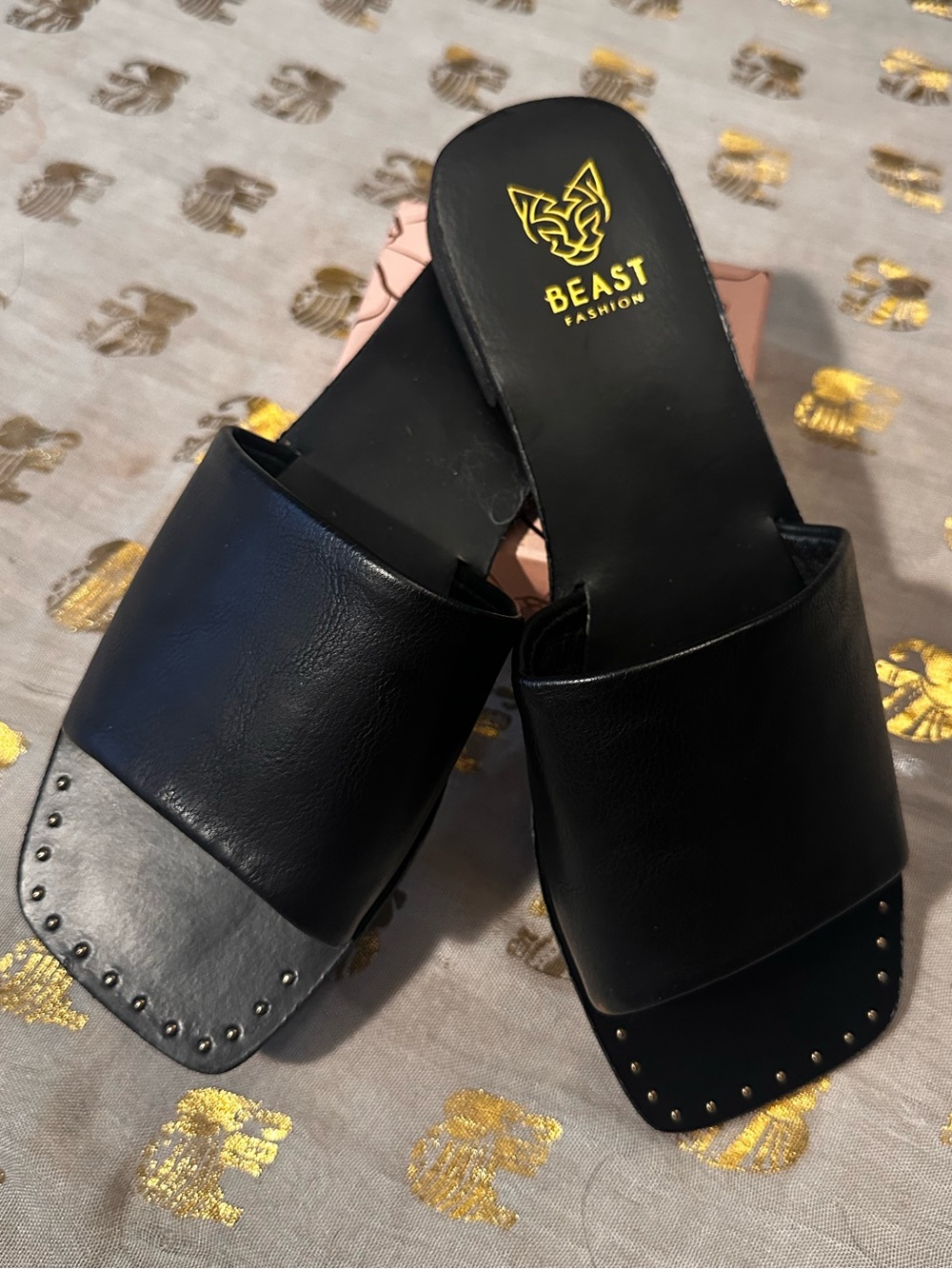 BEAST - Fashion Black Studded Square-Toe Slide Sandals